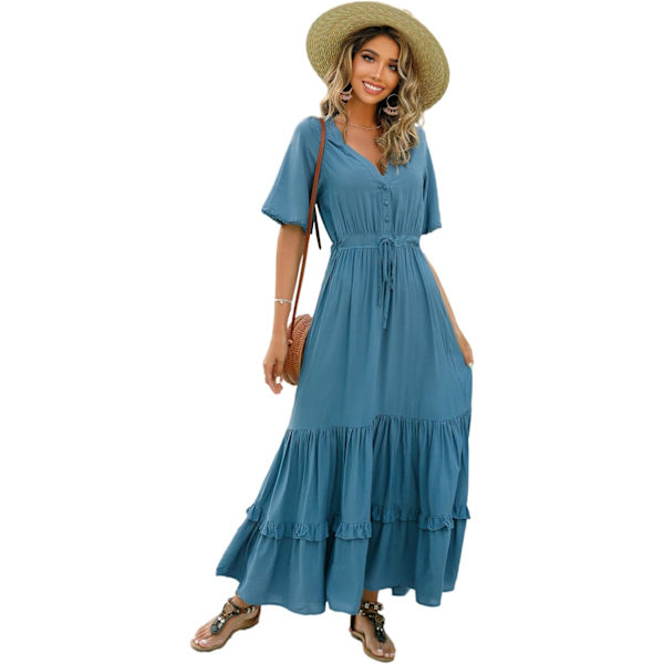 ivimos Dam Sommar Bomull Kortärmad V-hals Blommig Tryck Casual Bohemian Midiklänningar Hazeblue X-Large