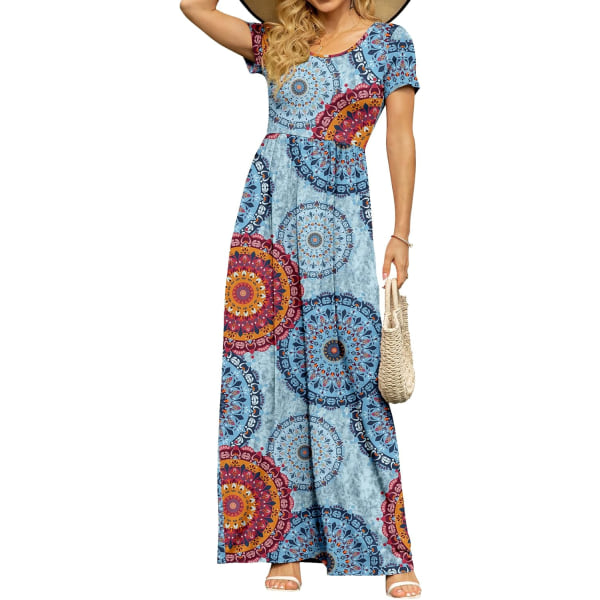 MOON kortärmade maxiklänningar för kvinnor Casual Empire Midja Lång klänning med fickor Blommix Blå 3X-Large