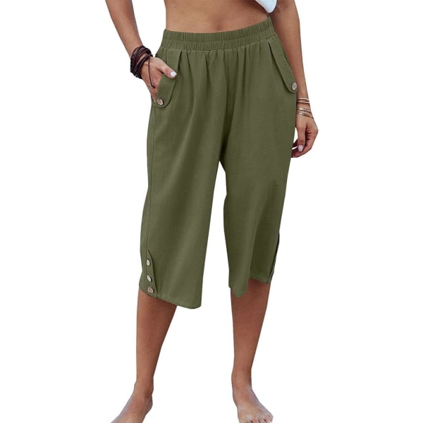 aer Dam Capribyxor Casual Cropped Byxor Elastisk Midja Sommarbyxor 3/4 Längd Byxor med Fickor S-XXL Grön Stor