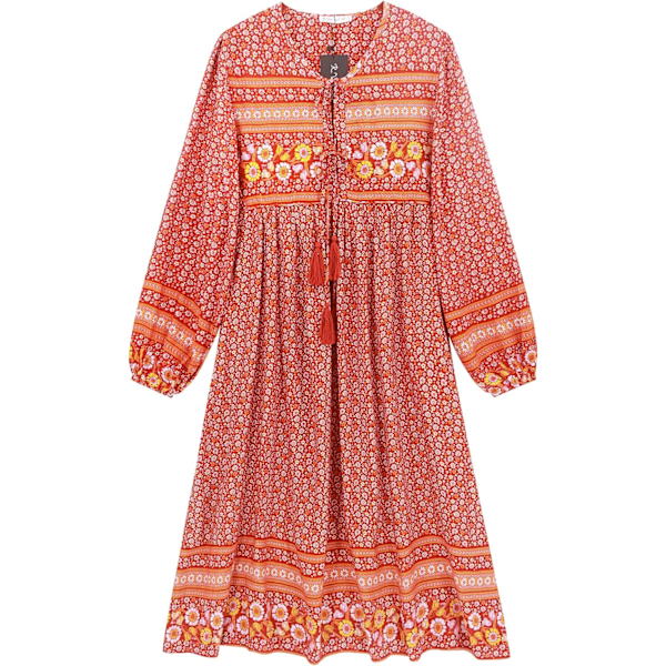 ivimos Dam långärmad blommig retro V-ringad tofs casual bohemisk midiklänningar karamell small