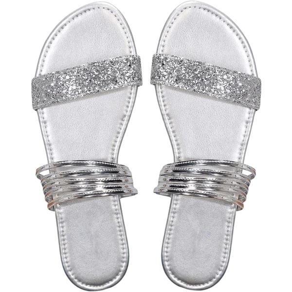 dusa Platta Strappy-sandaler i metall för kvinnor sommarsandaler Casual Silver 10