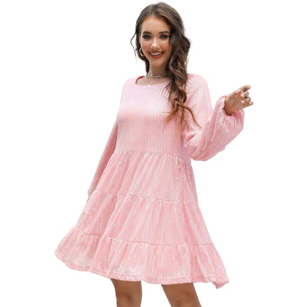 ly Glitterklänning, paljett Babydoll Sommarklänning Kort flytande tunikaklänning för kvinnor Party Club Night Pink-2 Medium