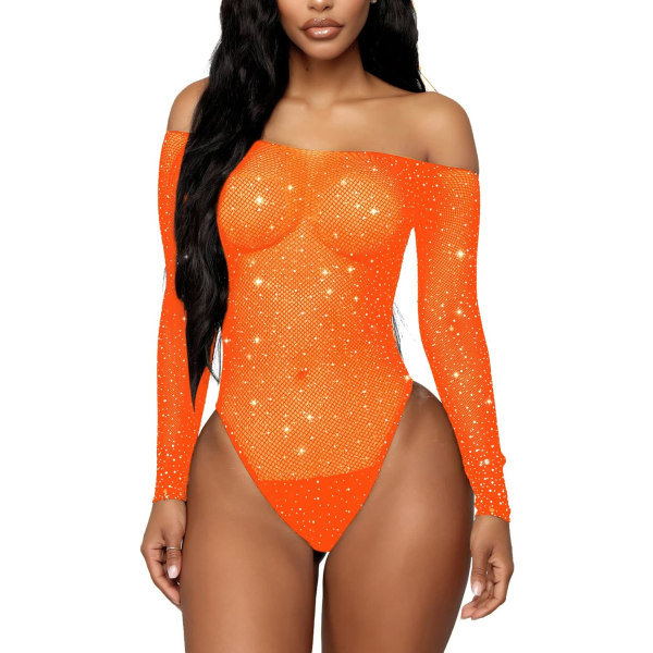 OVE Damunderkläder Fishnet Bodysuit Sparkle Rhinestone Sexig Mesh Teddy Underkläder Orange One Size