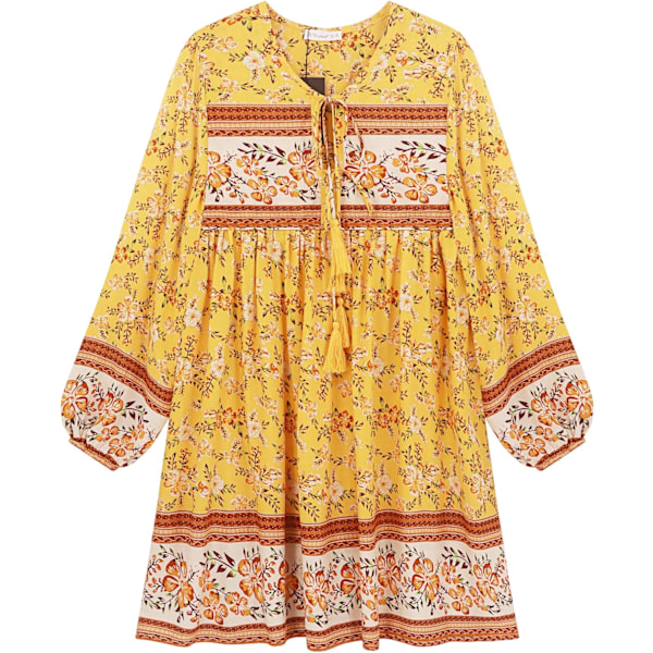 ivimos Dam långärmad blommig casual print bomull miniklänning mörk citron small