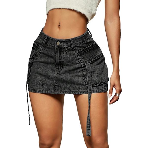 dusa Dam Casual Street Låg Midja Tejp Denim Cargo Minikjol med Flikficka Svart X-Small