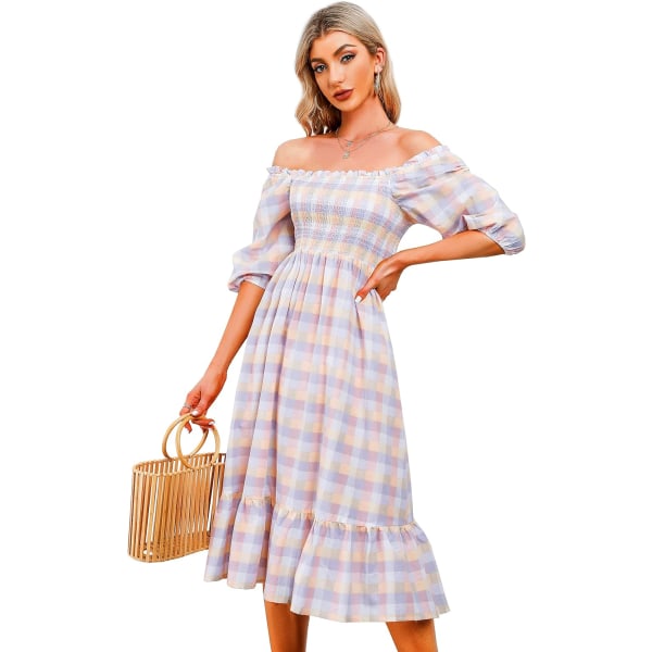 ivimos Dam Sommar Bomull Puffärmar Casual Vintage Prickig Mönster Off Shoulder Midi Klänning Blårosa-rutig X-Large