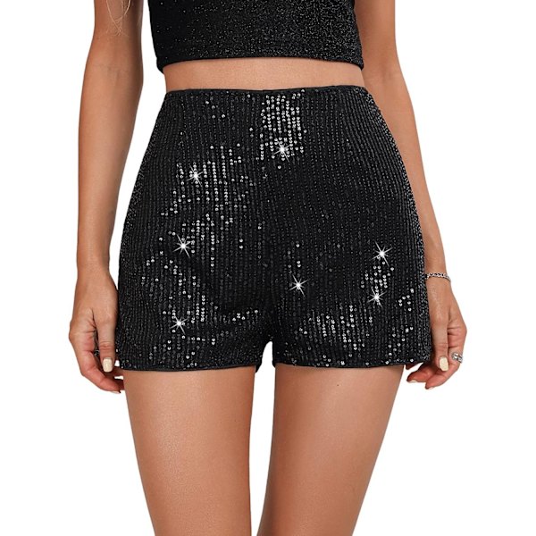 GHF Dam Sequin Elastisk Midja Glittrande Rak Ben Shorts Glitter Fest Shorts Hot Pants Fest Svart Svart Medium