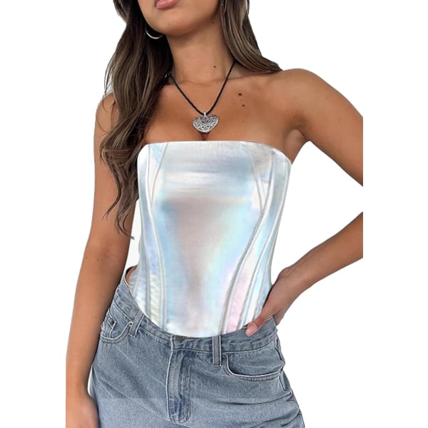 ungo Dam Sexy Strapless Bustier Crop Tops Stretch Open Back Boned Going Out Party Y2K Korsett Topp Unicorn Silver Small