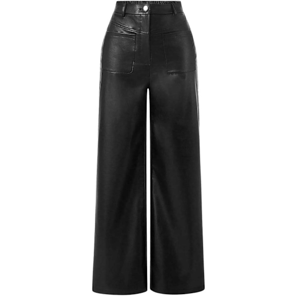 dusa Dam Läder Leggings Hög Midja Fickor Rak Bred Ben PU Byxor Mörk Svart Medium