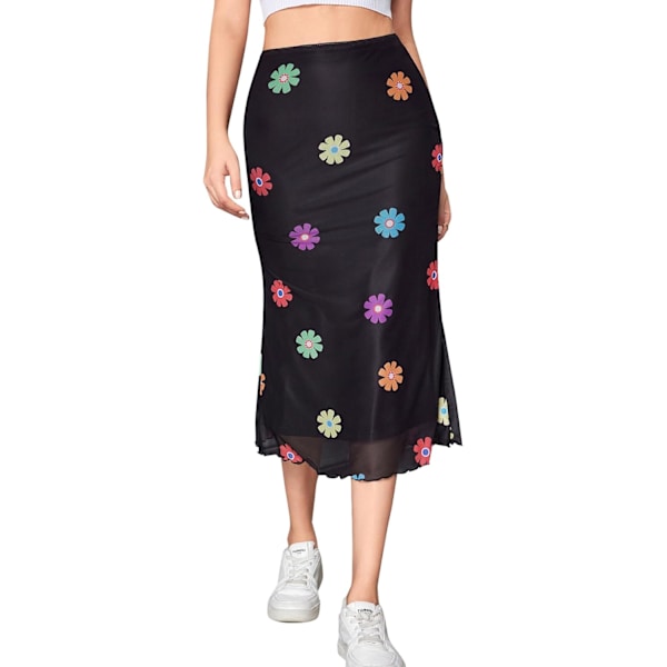 dusa Dam Lettucs Trim Hög Midja Mesh Fiskstjärt Bodycon Lång Kjol Svart Blommig X-Small