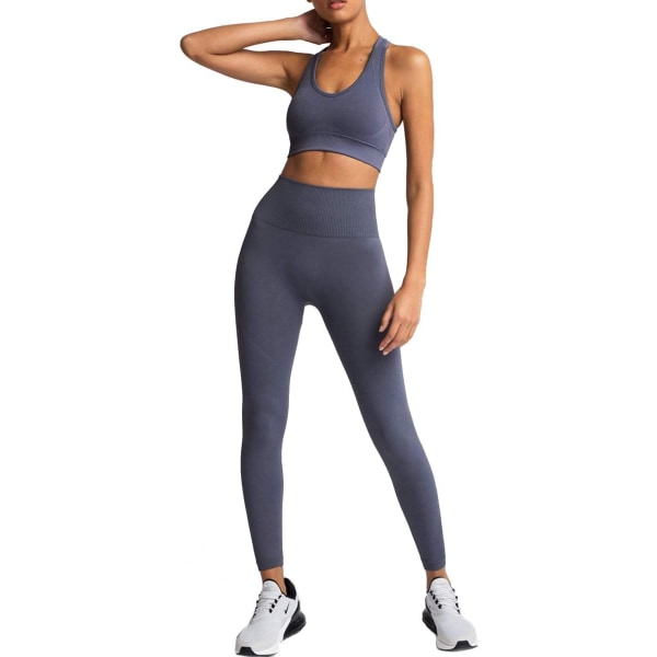 sv träningskläder 2 delar Set Gym Träningssömlösa Yoga Leggings med Sports BH Fitness Activewear, Grå Liten