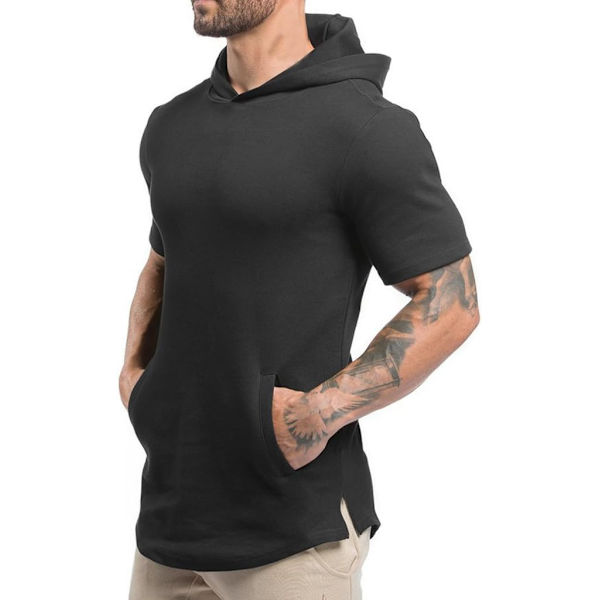 iftbox Herr Hipster Hip Hop Träning Kortärmad Hoodies Pullover Huvtröja Gym Sweatshirt med Kanga Fick T07 Svart Medium