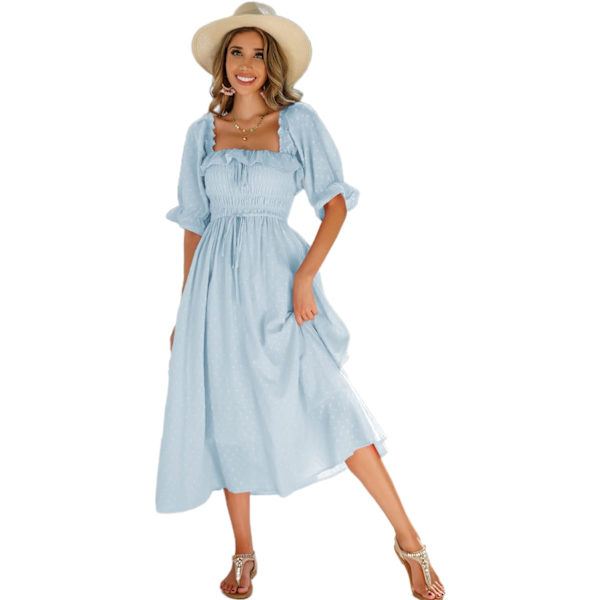 ivimos Dam Sommar Halv Ärm Bomull Volang Vintage Elegant Rygglös A Linje Flytande Långa Klänningar Skyblue#2 Medium