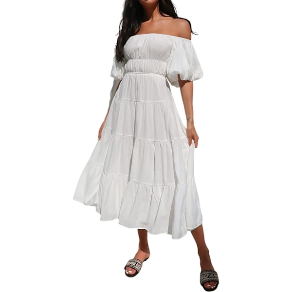 ivimos Off-Shoulder Klänningar för Kvinnor Sommar Puff Ärm Empire Midja Casual Volang A-Linje Flytande Midi Klänning med Bälte Vit Stor