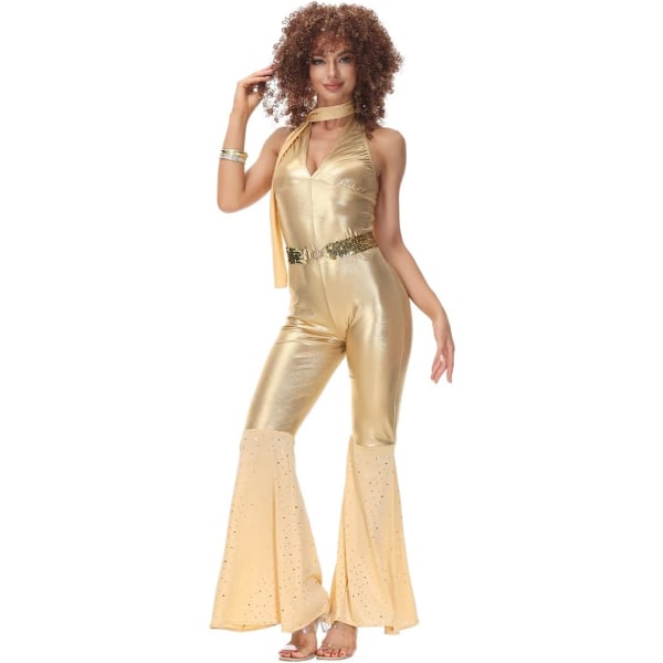 OM CASTLE 70-talsdräkt för kvinnor Vintage V-ringad paljett Jumpsuit Disco Outfit Hippie Club Natt Vuxen Halloween kostym Golden Medium