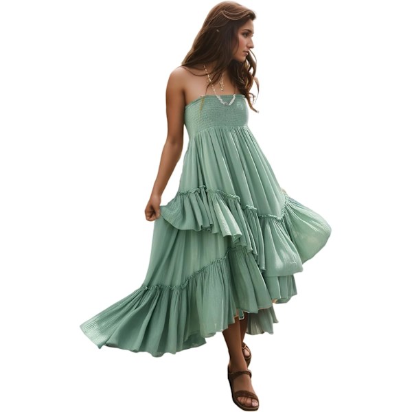 ivimos Långa kjolar för kvinnor sommar Boho smockad axelbandslös klänning elastisk hög midja skiktad volangfåll strand midikjol Sagegreen X-Large