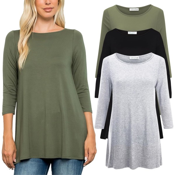 e to Live 3-pack 3/4-längd långa tunikatröjor att bära med leggings för kvinnor Lös passform Casual skjortor Resekläder Svart, Heather  XX-Large