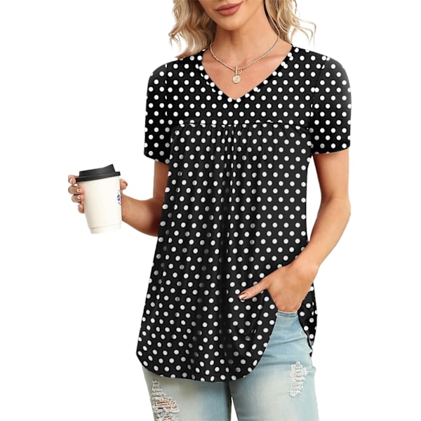 LASI Dam Sommartoppar V-hals Korta Ärmar Casual Skjorta Flytande Tunika Blus Polka Dot Svart Medium