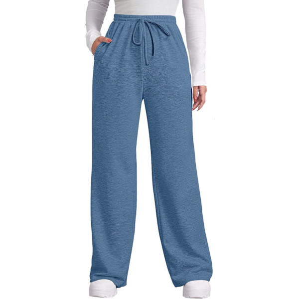 EFAN Dam höstbyxor med fickor vinter elastisk midja sweatpants vida ben dragsko byxor S-XXL denim blå medium