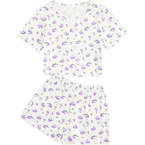 dusa Dam 2-delad knapp ned kortärmad Ditsy blommig knapp framtill nattkläder Loungewear PJ set lila stor