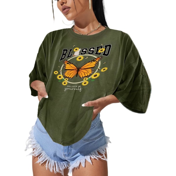 oco Dam 80-talets axelbandslös toppar kortärmad casual lös passform blus T-shirt grön fjärilstryck liten
