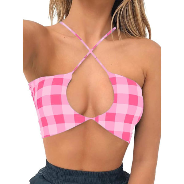 en Crop Tank Top Sexig fyrkantig V-ringning Dubbelfodrad Ruched Korsett Söt Klippt Ärmlös Cami Sommar Outfit Utekväll Top B-barbie Rosa W Medium