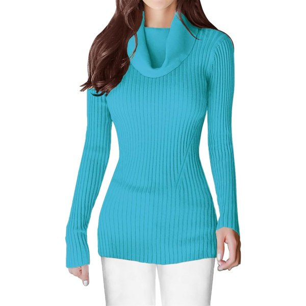 Kvinnors stretchiga kragehals stickad långärmad slim fit bodycon sexig tröja Lakeblue X-Small