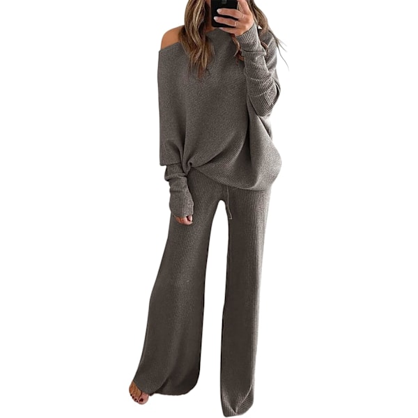pee Dam 2-delad Sweatsuit Set Lös Topp Bredbenta Byxor Ribbade Loungewear Stickade Outfits Grå Medium