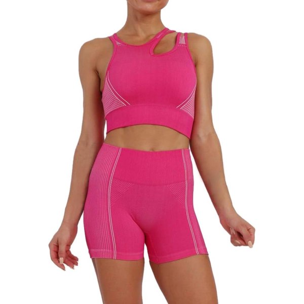 oWei Kvinnor 2-delade träningsoutfits Sport-BH Seamless Leggings Yoga Gym Activewear Set Rose Red Large