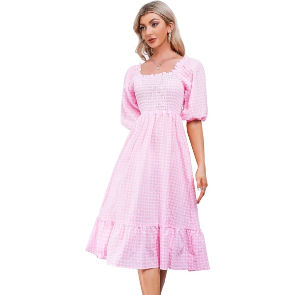 ivimos Damer sommar Bomull Puffärmar Casual Vintage Polka Dots Print Off Shoulder Midiklänning Rosa-pläterad Stor