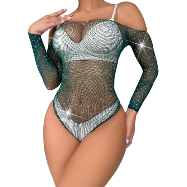 rydreamy Dam Sexig Underkläder Kristall Strass Jumpsuits Ihålig Bodysuit Långärmad Mörkgrön