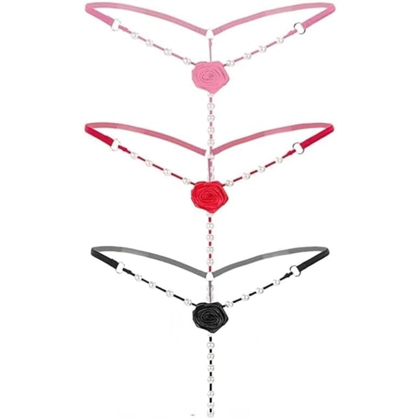 en's Pearl T Back G String Broderi Ros Blommor Pärltrosa Trosa Underkläder Sexiga Mikrokalsonger 3 st (svart+röd+ X-Large