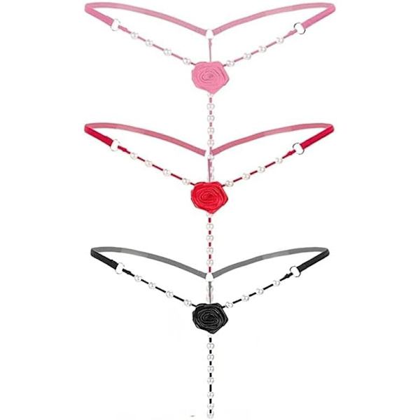 en's Pearl T-rygg G-string broderade rosor blommor pärlbroderade trosa underkläder sexiga mikro underbyxor 3 st (svart+röd+ One Size