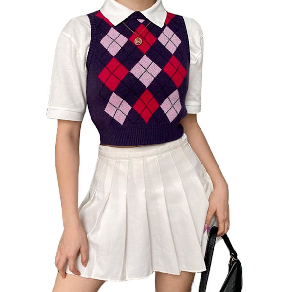 pels Argyle tröja väst kvinnor y2k rutig stickad streetwear preppy stil V-ringad beskuren stickad skoltröja för flicka