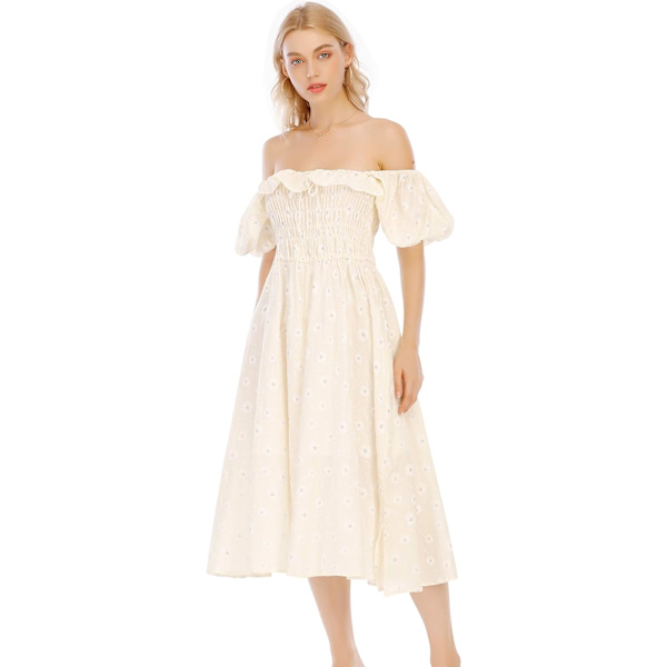 ivimos Dam Sommar Blommig Tryck Puffärmar Vintage Volanger Midiklänning Ljusgul Medium