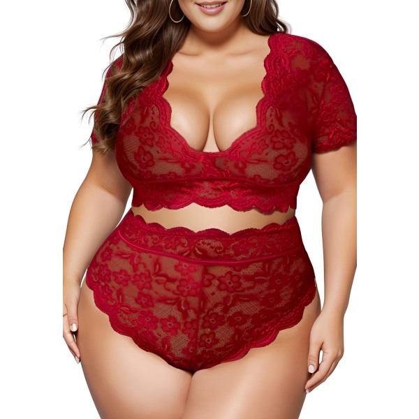 s Storlek 2-delat Lingerie Set för Kvinnor Sexig Djup V-formad Spetsbehå och Trosor Hög Midja Nattkläder Clubwear Merlot 3X-Large