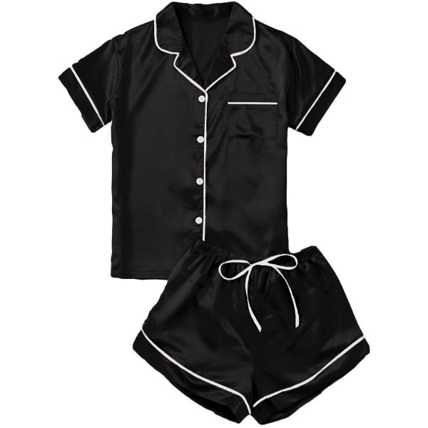 dusa Dam 2-delad satin nattkläder knapp fram nattkläder kortärmad pyjamas set svart stor