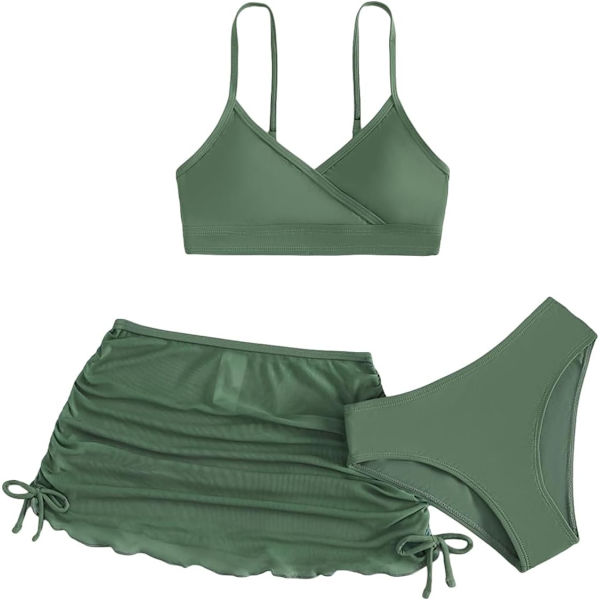 dusa Flickors 3-delad Bikini Badkläder Söta Baddräkter Badkläder Hög Midja med Cover Up Strandkjol Olivgrön 9 år