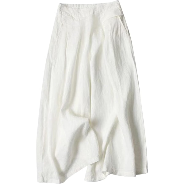 uo Kvinnors culottes Linneblandning Breda ben Byxor Elastisk midja Casual Palazzo Byxor med fickor Capris White X-Large