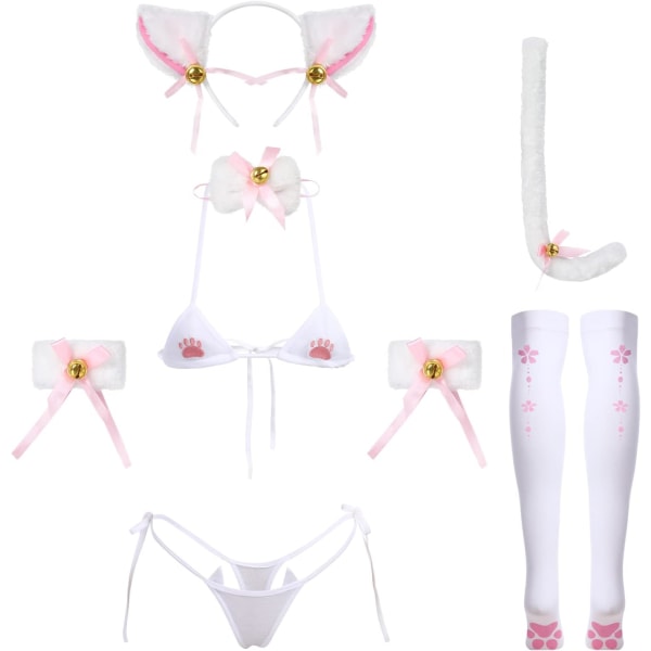 FIP Damer Söt Anime Kawaii Kattunge Cosplay Strappy Underkläder Grimma Micro BH Trosa Pannband Strumpeband Strumpor Set Vit-01 One Size