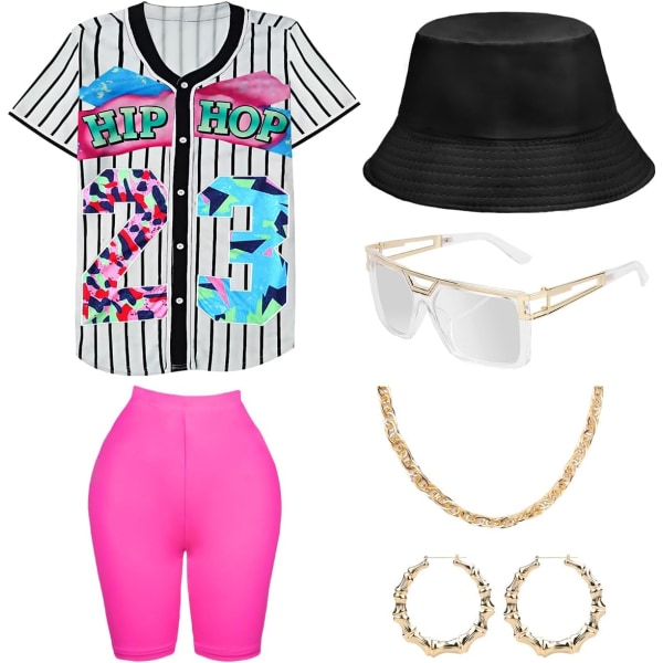 DPARTY 80-tal 90-tals outfit för kvinnor, unisex hiphopdräkt basebolltröja Yogabyxor Rapper Accessoarer Vit-rosa XX-Large