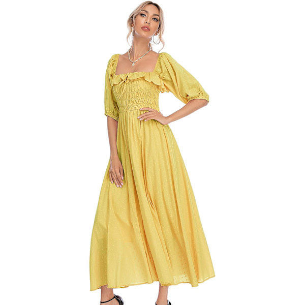 ivimos Dam Sommar Halv Ärm Bomull Volang Vintage Elegant Rygglös A Linje Flytande Långa Klänningar Gul#1 Medium