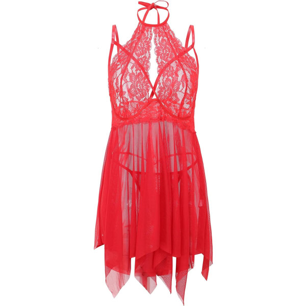 s Storlek Babydoll för Kvinnor Blommig Spets Trim Teddy Chemise Sexig Halter Lingerie Röd X-Large