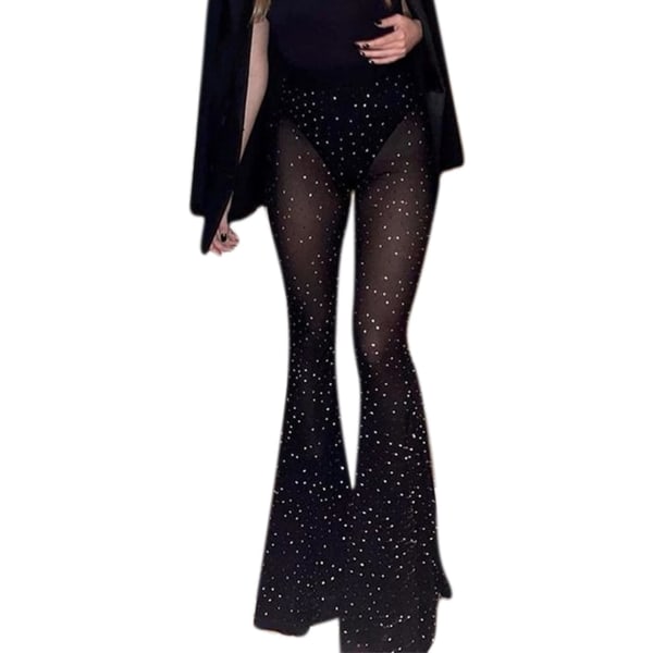 sv Rave Sheer Mesh Shiny Pants Flared High Waist Bell Bottom Pants för fest dans festival glitter svart medium