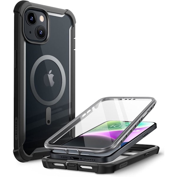 lason Ares fodral kompatibelt med MagSafe för iPhone 14 Plus 6,7 tum (2022 års modell), dubbla lager robust genomskinligt stötfångarfodral svart