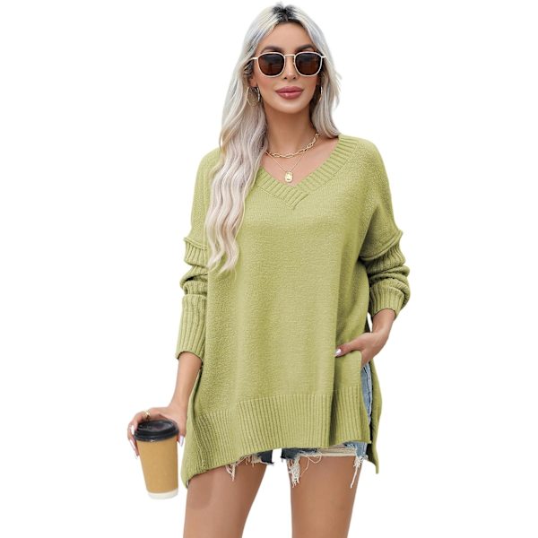 ivimos Dam Överdimensionerad Tröja Höst Långärmad V-hals Lös Casual Toppar Grovstickad Pullover Sidoslits Varm Tröja Grön Medium