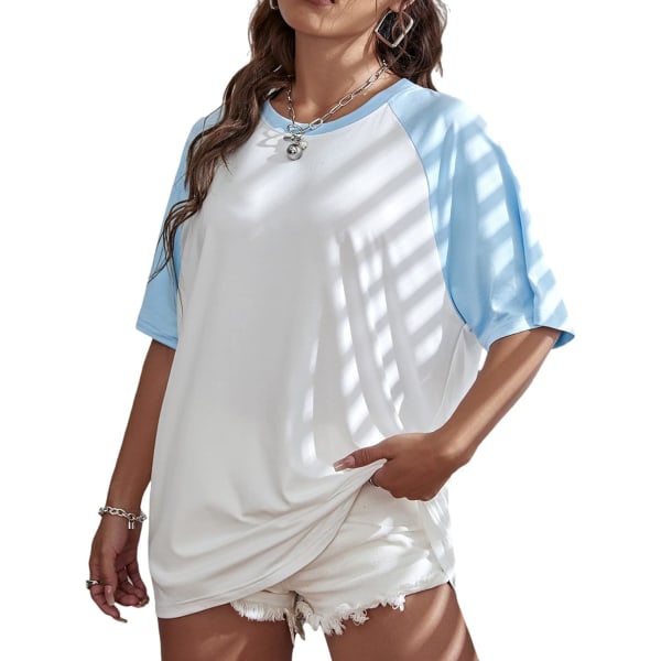 dusa Damer Casual Kortärmad Colorblock Oversized T-tröja med rund hals Toppar Vit och Blå X-Small