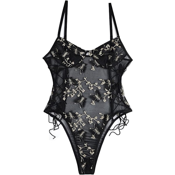 osy Kvinnor Sexig Spets Upp Blommig Broderad Teddy Lingerie Bodysuit Topp Mesh Sheer One Piece Fjäril svart X-Small