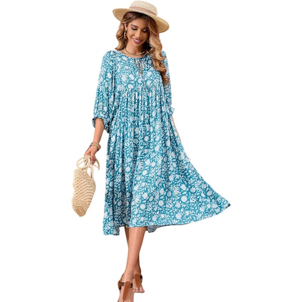 ivimos Dam Sommarklänning Casual Midi Klänning Lykta Ärm Knyt V-Hals Boho Blommig Tryck Lös Passform Flytande Långa Klänningar Ljusblå Liten