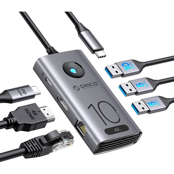 10 Gbps USB C-hubb, 6-i-1 USB-C-dockningsstation för bärbar dator till 4K@60Hz HDMI, USB 3.2 10G, 2×USB 3.0, 100W PD, Gigabit Ethernet för Dell/Surface/HP/Lenovo-bärbara datorer